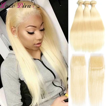 

613 Honey Blonde Hair Bundles With Closure Remy Brazilian Straight Human Hair Lace Closure and Bundles 613 Closer Hair Extension