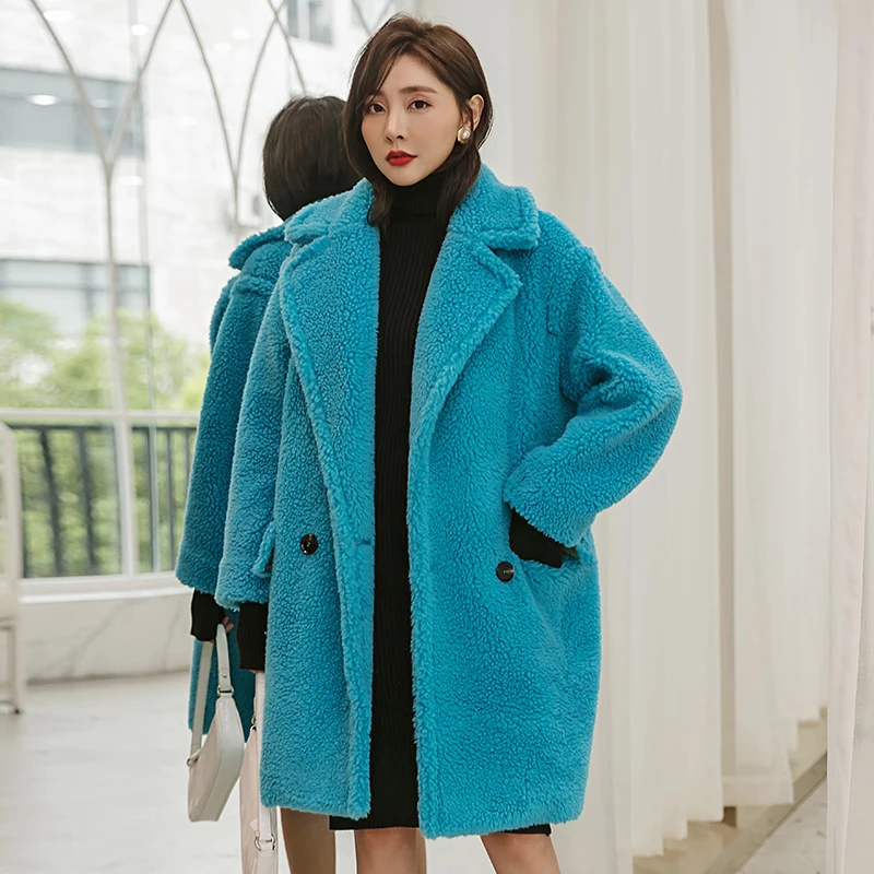 YIGELILA Fashion Faux Fur Coat Solid Elegant Turn Down Collar Double Breasted Full Sleeves Straight Warm Coat 9977