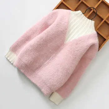 

girls sweaters 3-11 years old autumn and winter Thickened Mink velvet Flocked mohair sweater V-stitching girl knit sweater