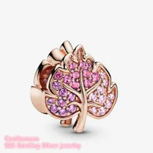 Autumn 925 Sterling Silver Sparkling Pave Leaf Charm Rose Gold beads Fits Original Pandora bracelets Jewelry Making