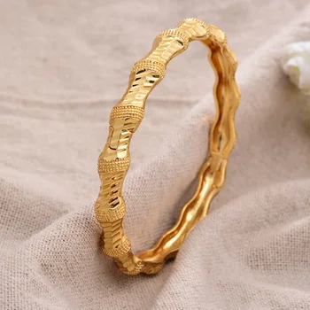 

ANNAYOYO 1Pcs/lot 24K Bamboo knot Fashion Dubai Gold Color Bangles For Women African Bride Bracelet Jewelry Gifts