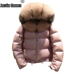 Модная Яркая кожаная куртка-пуховик с натуральным лисьим мехом короткая теплая утепленная верхняя одежда с капюшоном Женское пальто