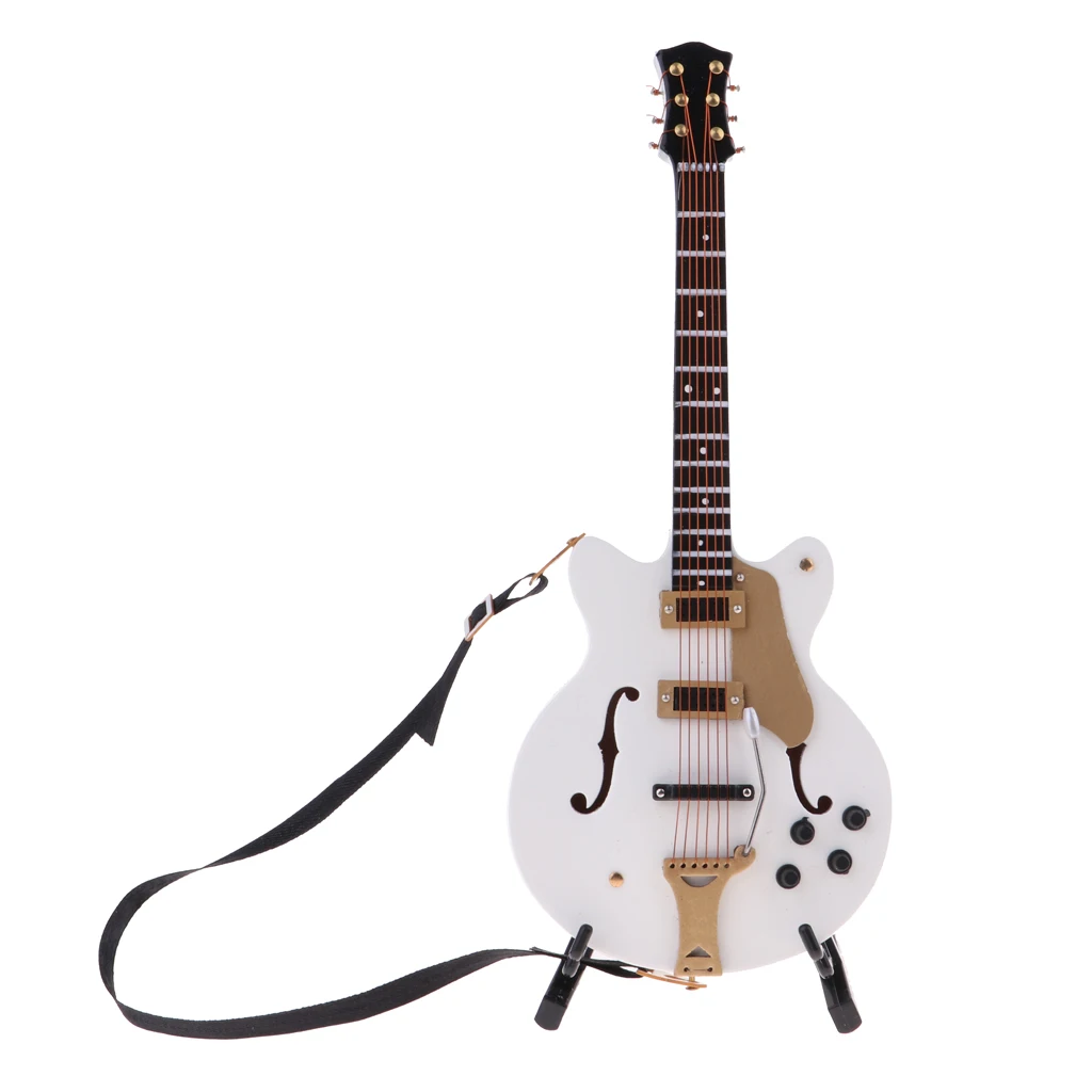 1:6 Mini Guitar with Stand and Case Miniature Dollhouse Decoration (White)