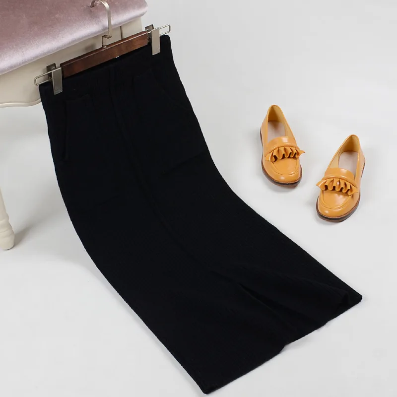 Трикотажная юбка с двойным карманом, высокая талия, вязаные юбки с разрезом, восстановленные древние пути, рекреационная полосатая сумка, Плотная юбка