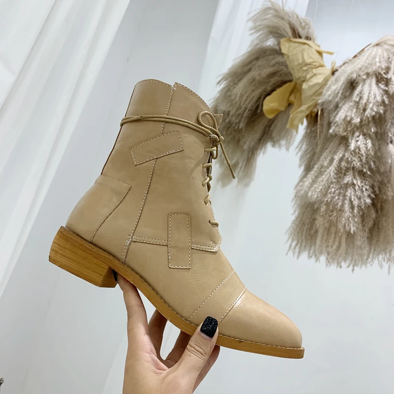 

MONMOIRA Patchwork Martin Boots Women Lace up Cross-tie Combat Boots Women Solid Punk Ankle Women's Boots SWE0732