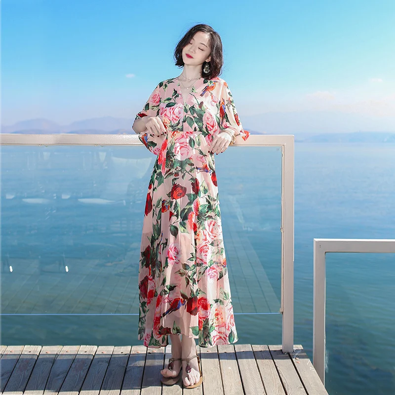 

Summer Fashion False Two-piece Women Clothing Trumpet Sleeve V-neck Chiffon Printing Bohemia Sand beach Long Dress LJJ094