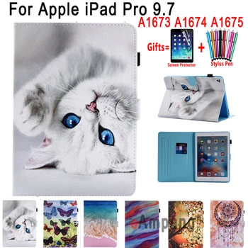 

Cute Cat Case for iPad Pro 9.7 A1673 A1674 A1675 Cover Painted Soft Shockproof Smart Tablet Shell + Film + Pen