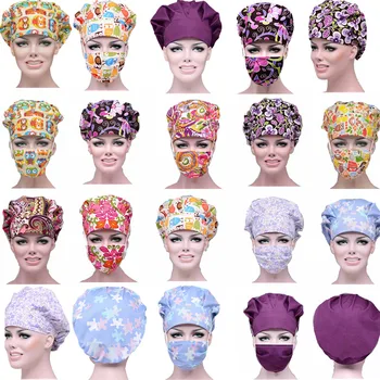 

Unisex Adjustable Scrub Caps +Mask Set Sweatband Bouffant Hat Women Men Reuseable Hospital Surgical Cap Nurse Doctor Hats Masks