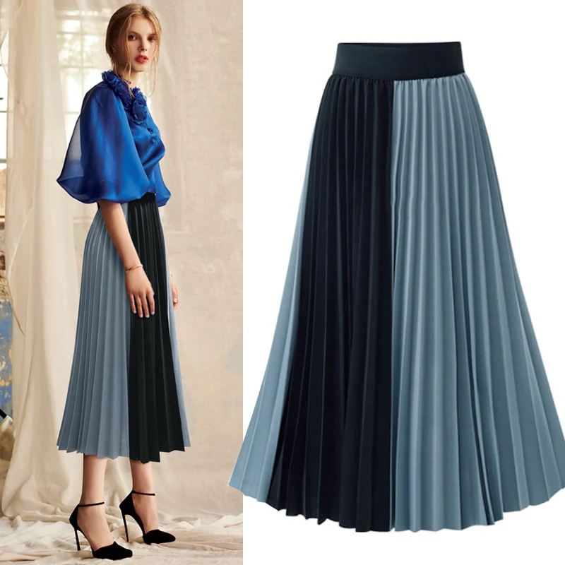 

2019 Skirts Womens High Street Fashion Contrast Color Patchwork Pleated Skirt Elastic High Waist A Line Midi Skirt Women Clothes
