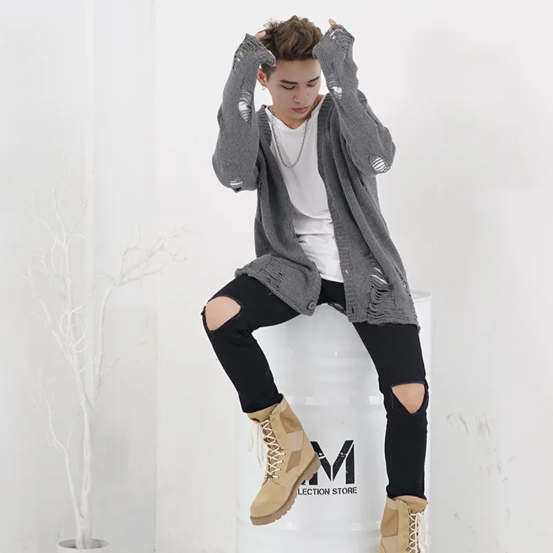 

Men Winter Ripped Hole Cardigan Sweater Hip Hop Punk Streetwear Knitwear Male Oversized Warm Wool Loose Sweater Coat X9222