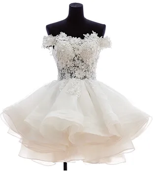 

2018 Best Selling Short Puffy Prom gown Off Shoulder Lace Bodice Organza Cheap vestido de noiva bridesmaid dresses