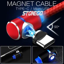 STONEGO светодиодный магнитный Micro USB кабель 90 градусов L Форма Магнит USB зарядное устройство кабель для Micro USB порт и разъемы 1 м 2 м 3 м