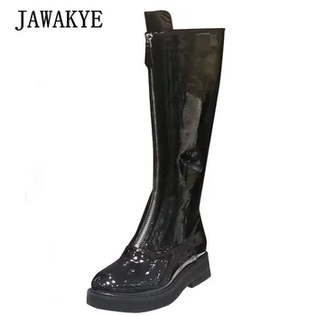 

Retro Autumn Winter Knee High Boots Women Front Zipper Runway Genuine Leather Square Thick Heel Long Black Combat Knight Boots