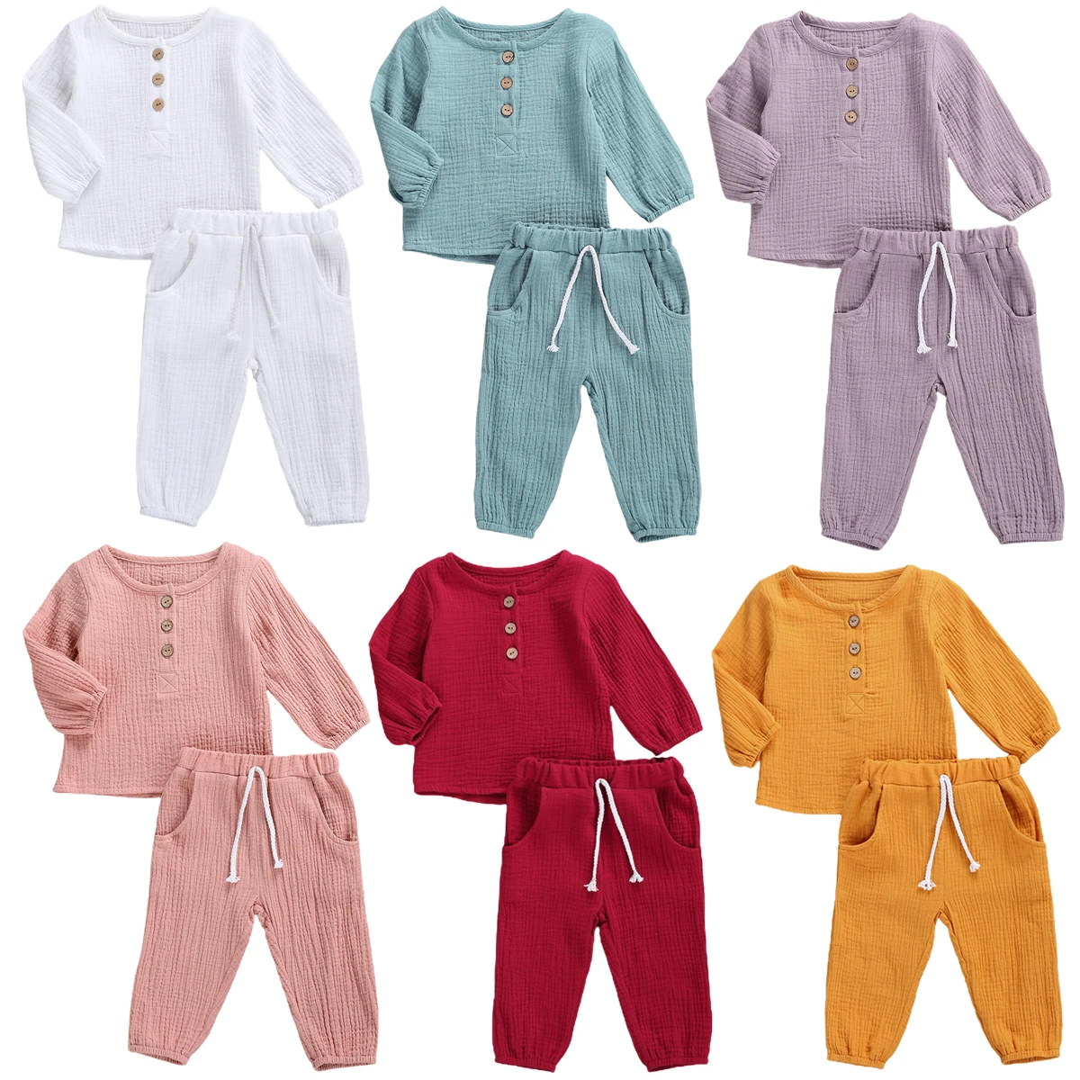 Fashion Autumn Kids Baby Girls Boys Outfit Suit Cotton Linen Solid Casual Toddler Infant Long Sleeve Tops+Pants Clothes Set 1