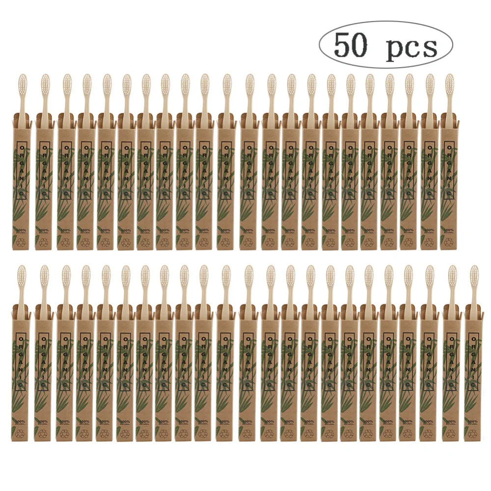 50pcs Natural Bamboo Toothbrush Wood Toothbrushes Soft Bristles Capitellum Fiber Teeth brush Eco-Friendly Oral Tooth Care - Цвет: White