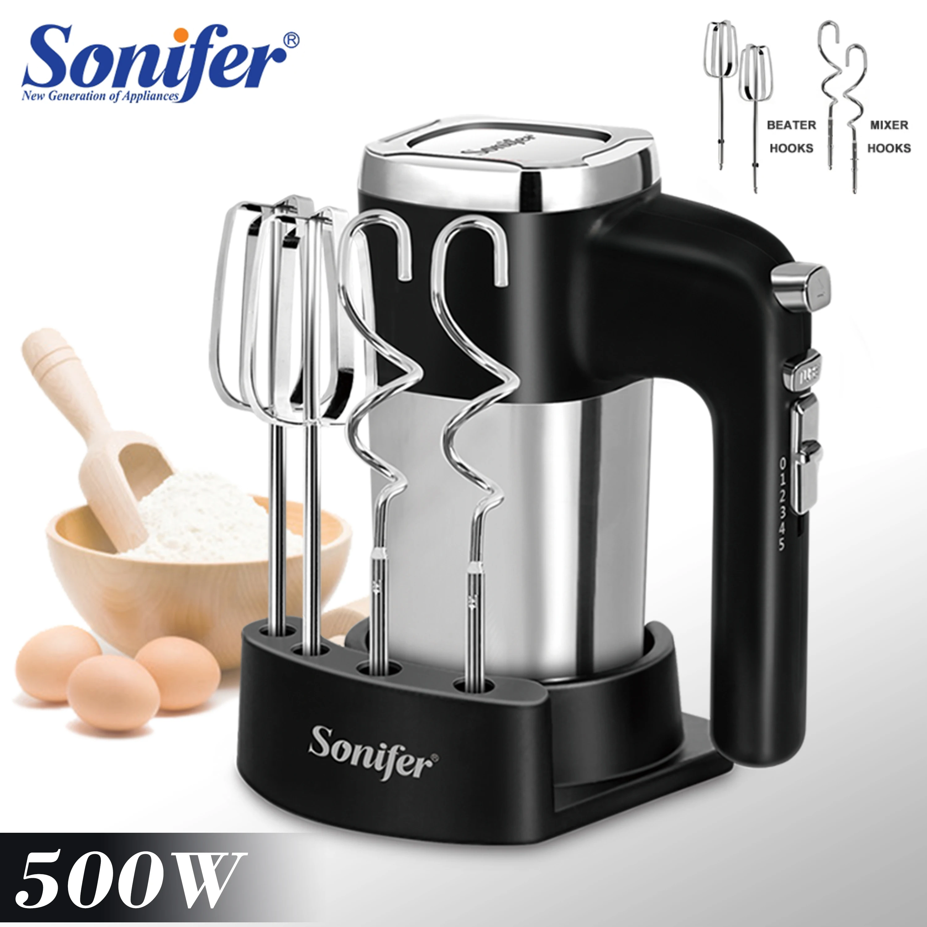 500W Food Mixers With Dough Hooks Chrome Beaters Storage Case Kitchen Hand Mixer For Mixing Cakes Bread Dough Egg Whites Sonifer