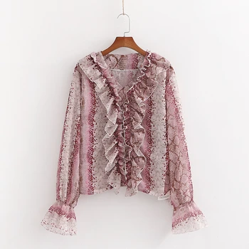 

new fashion women V neck agaric lace snake skin print casual chiffon blouse shirts women chic ruffles chemise blusas tops LS6260