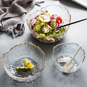 

3 Size Gold Glass Transparent Salad Bowl Household Tableware Student Noodle Soup Dessert Fruit Bowl Clear Serving Mixing Bowl