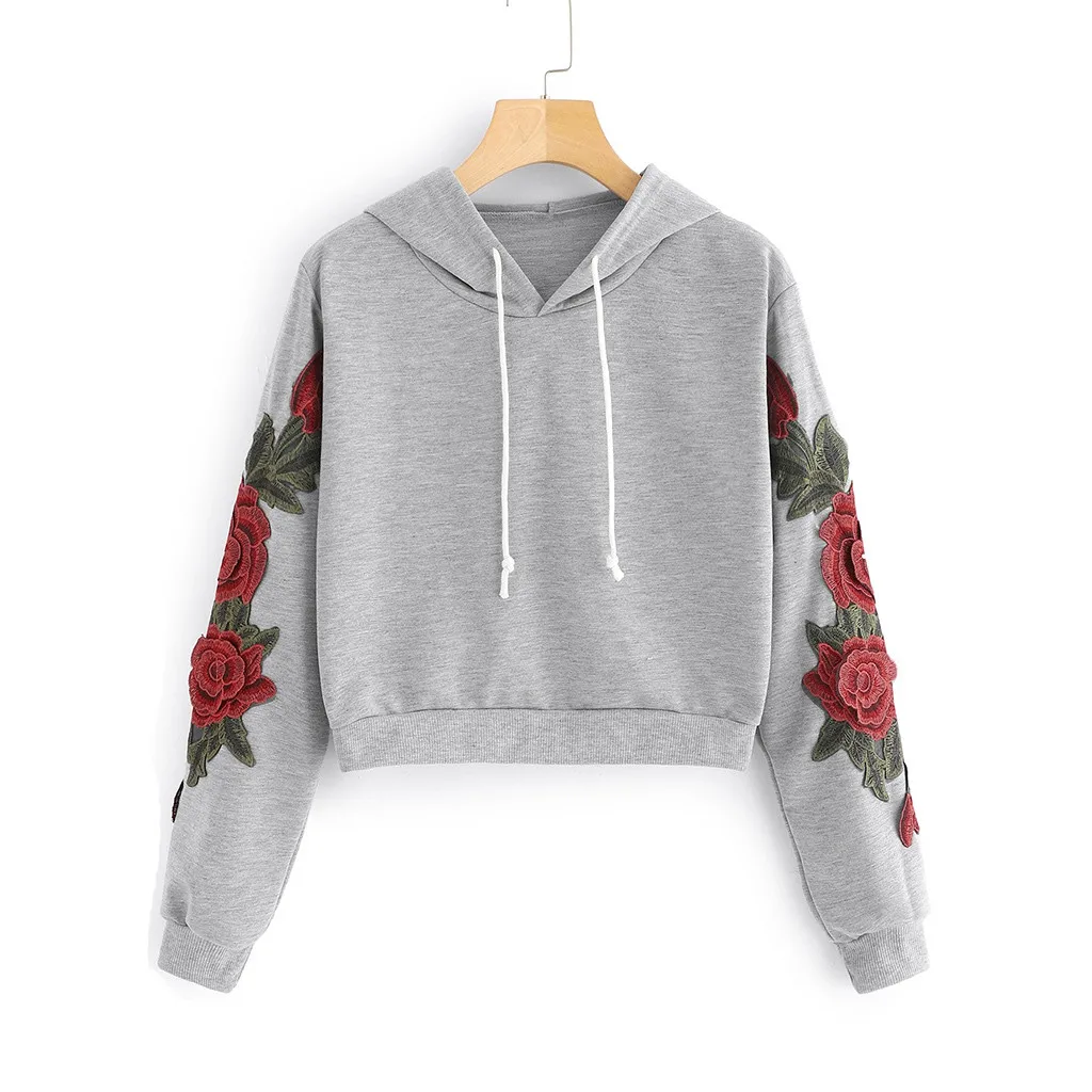 JAYCOSIN Fashion Women Casual Rose Applique Long Sleeve Sweatshirt Casual Popular Chic Solid Elegant Blouse Sweatshirt