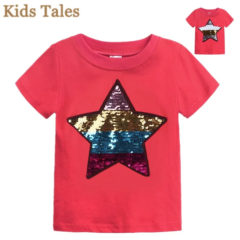 

PR-368 Summer Kids Boys T Shirt star Sequin Reversible Baby Girls T-shirts cartoon Children T-shirt Cotton Clothes Tee Tops