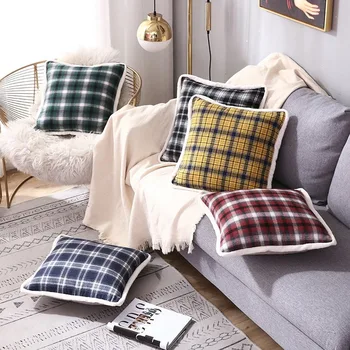 

Nordic Plush Plaid Cushion Cover Hemming Decorative Pillow Personally Sofa Cushion Cover Skin-Friendly Throw Pillows For Car Bed