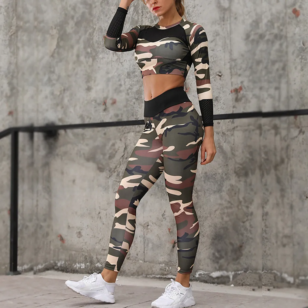 

Ladies Running Trousers Suit Camouflage Printed Sport Suit Long Sleeve Fashion Minimalist jogging femme ensemble femme 2 pieces