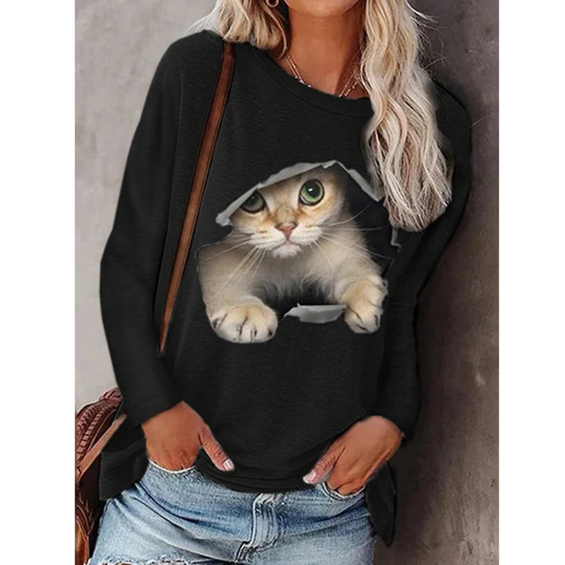 2021 Fashion Ladies Round Neck Pullover Cat Long Sleeve T-Shirt Casual Printed Autumn Cotton Long Ladies Shirt Fashion Loose Top summer crop top Tees