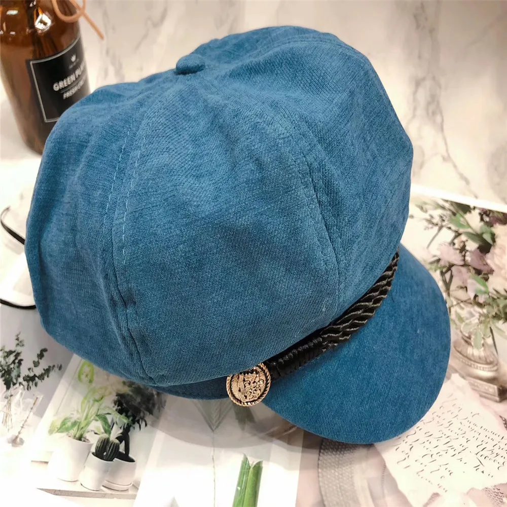 Blue Женские однотонные Саржевые шляпы для мальчика с пуговицами и шнуром, женские розовые, черные, горчичные Восьмиугольные шляпы, женские зимние шляпы для газетчика - Цвет: Blue