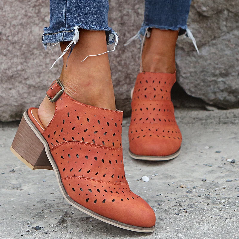 

Womens Sandals Summer Square Heel Leather Shoes Woman Casual Rome No Peep Toe Sandalias Mujer High Heels Chaussures Femme Shoes