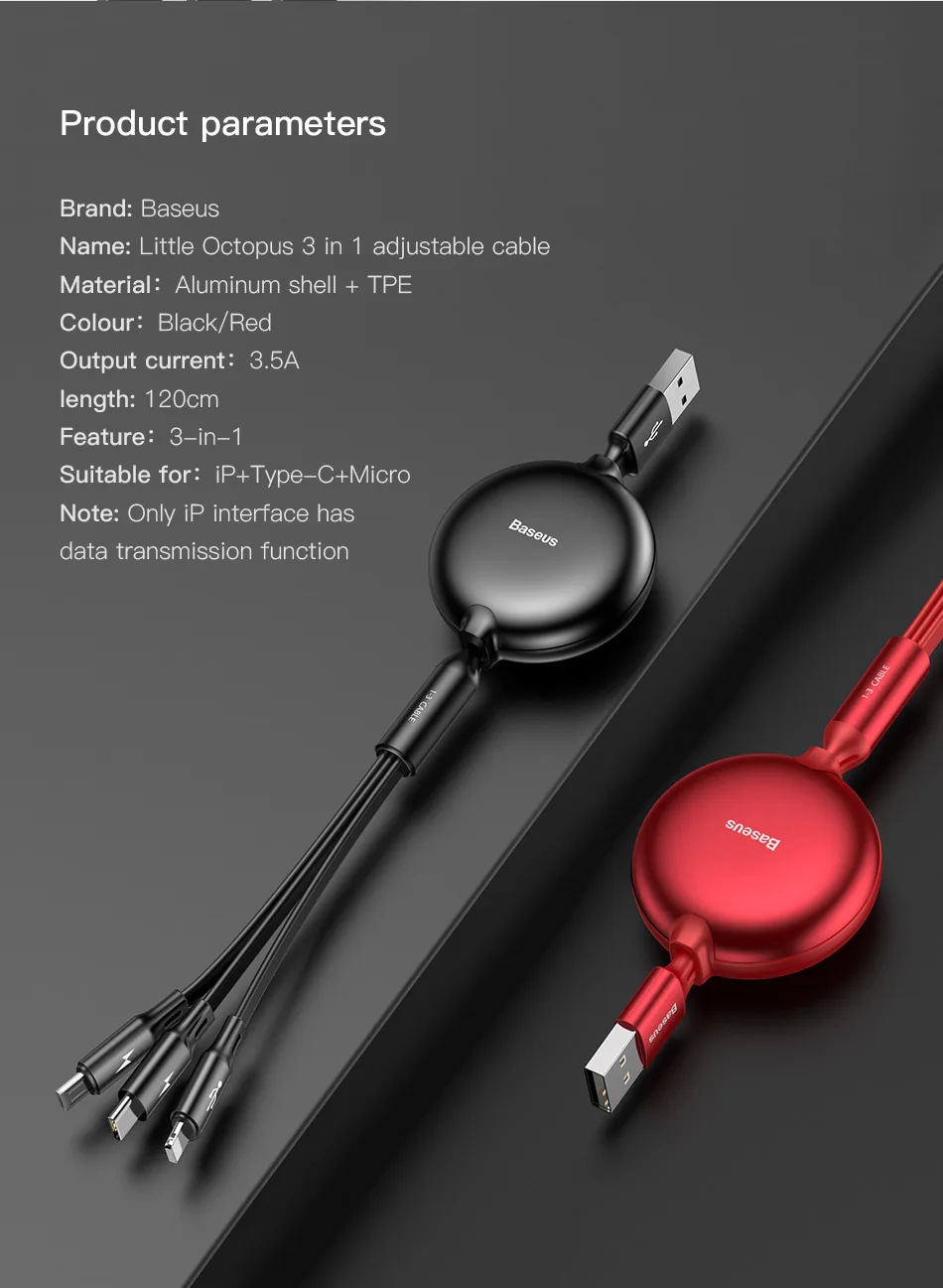 Baseus câble Micro USB/type-c rétractable 3 en 1 pour recharge rapide multiple-0