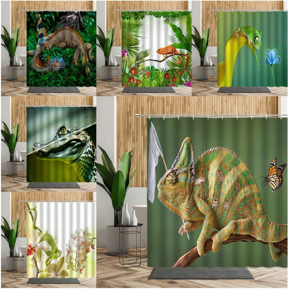 Chameleon Lizard Bathroom Waterproof Polyester Shower Curtain Hooks Mat 