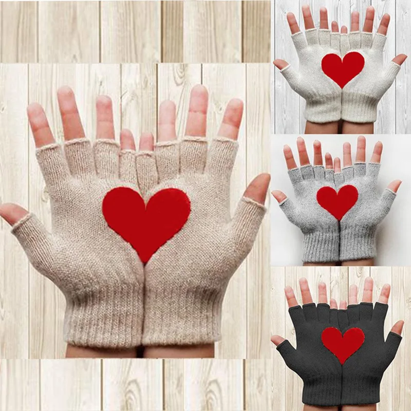 Зимние женские перчатки, вязаные эластичные перчатки с принтом Love, перчатки на половину пальцев, теплые перчатки без пальцев