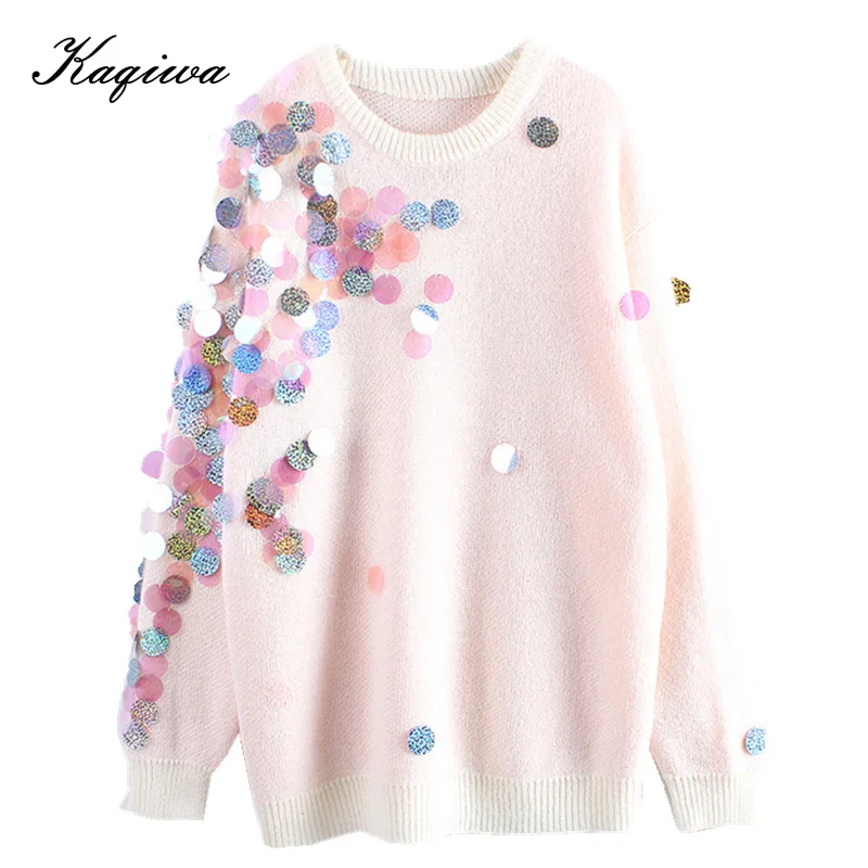 2020 autumn Pink sweater female heavy handmade color sequins decorated mohair blended with the same lazy women B-017 | Женская одежда