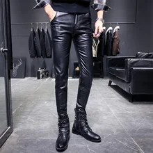 Для мужчин английский стиль тощие кожаные штаны простые однотонные черные длинные брюки в Корейском стиле, зимняя куртка на хлопковом подкладе для мальчиков Искусственная кожа Штаны Для мужчин, детская одежда