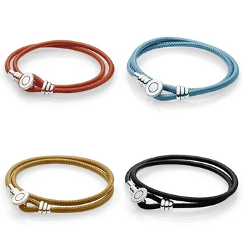 

PDB SL 09 100% 925 Sterling Silver Bracelet moment double round Leather Bracelet Brown bracelet with female logo