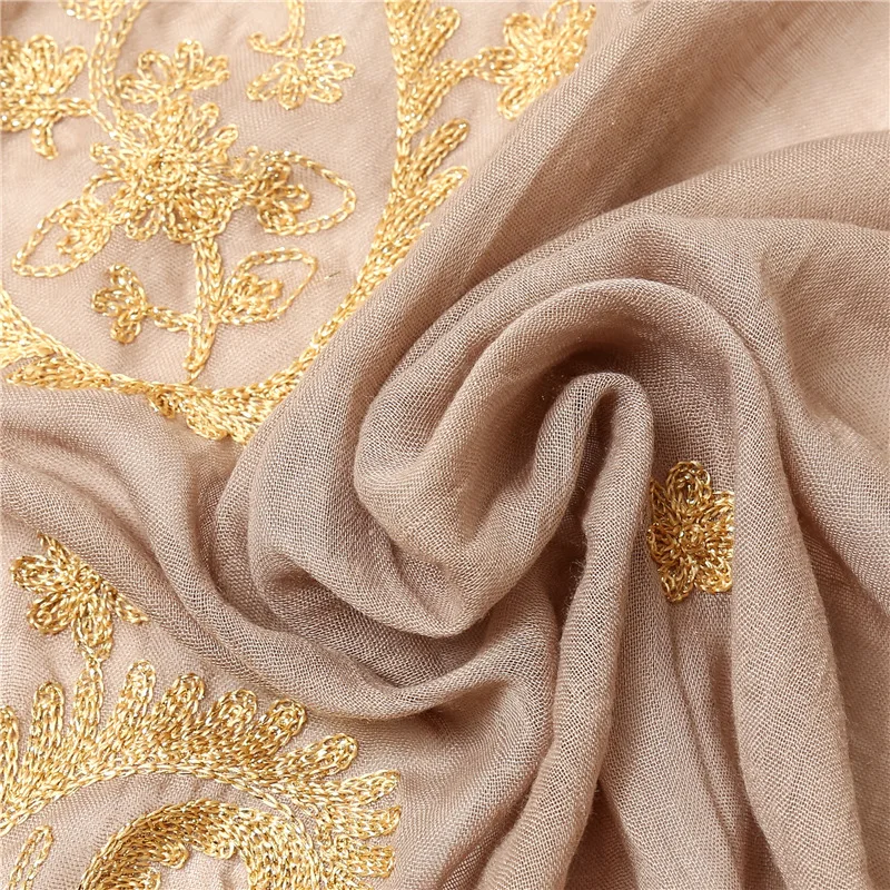 Классический ретро золотой шарф с вышивкой Женская Осенняя шаль обернуть мягкий шарф-вуаль женские длинные шарфы хиджаб с украшениями бандана W058
