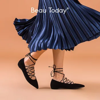 

BeauToday Mary Jane Shoes Women Genuine Kid Suede Leather Pointed Toe Cross-Tied Spring Female Ballet Flats Handmade 18211