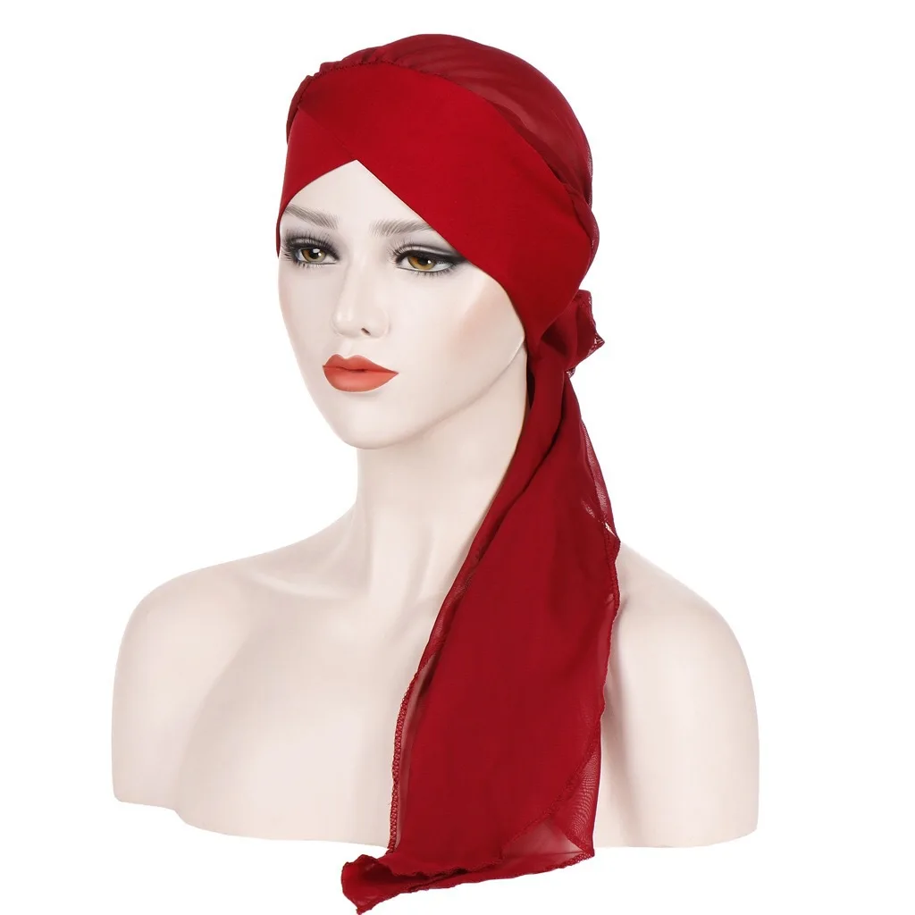 

2019 Foreign Trade New Style Europe And America Forehead Cross Toque Solid Color Fashion Chiffon Long Tail Toque Currently Avail