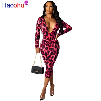 

HAOOHU Sexy Cheetah Leopard Print Dress Women Clothes Fall Vestidos Elegant Long Sleeve Bodycon Robe Night Party Club Dresses