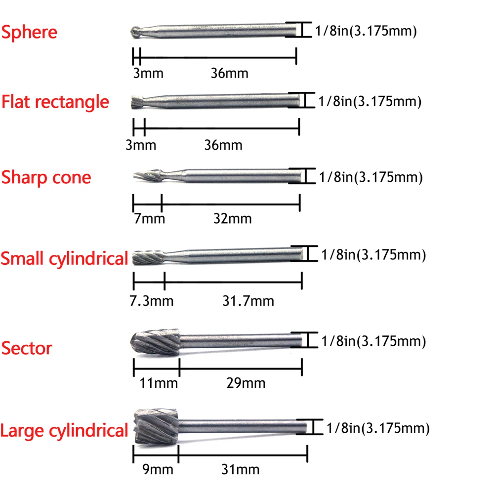 POLIWELL 6 шт. Деревообработка HSS роторный резак файл 3,18 мм хвостовик мини Шлифовальная головка сверло битовые электроинструменты аксессуары fit Dremel