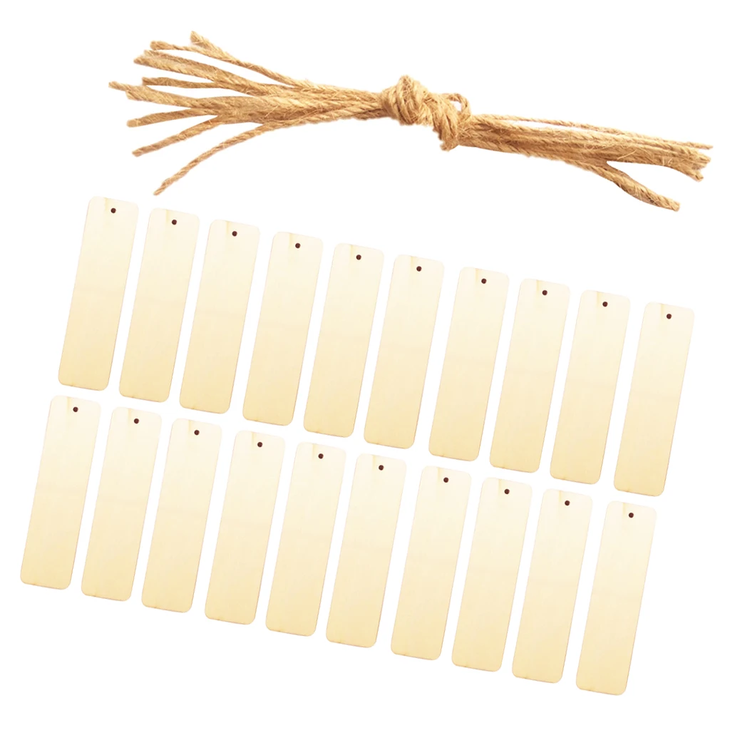 20pcs Blank Rectangle Wood Pieces Gift Tags Bookmark w/ String Scrapbooking DIY Craft Tags Labels Book Mark Hanging Decoration