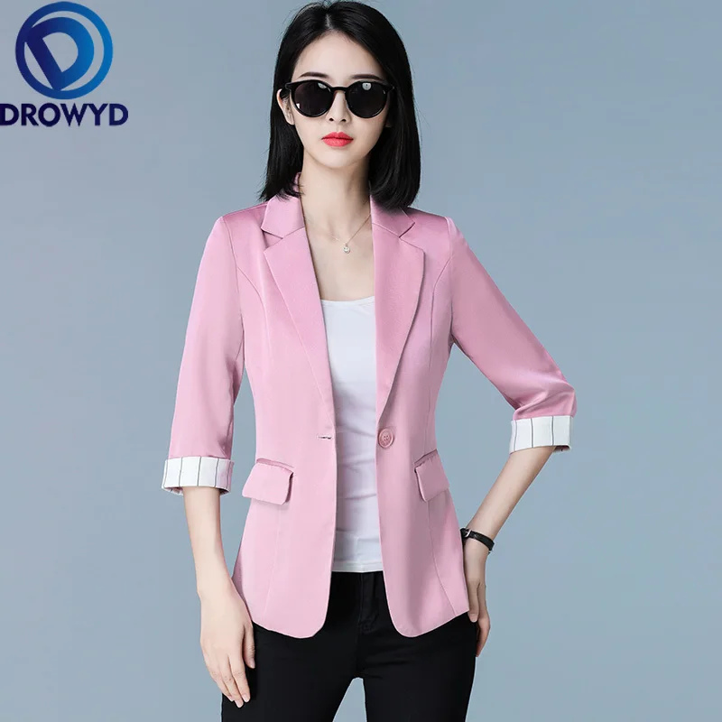 

2020 New Pink Blazer Casual Women Tailored Coat Lady Office Work Suit OL Styles Elegant 3XL Pockets Slim Blazer Jacket Chic Tops