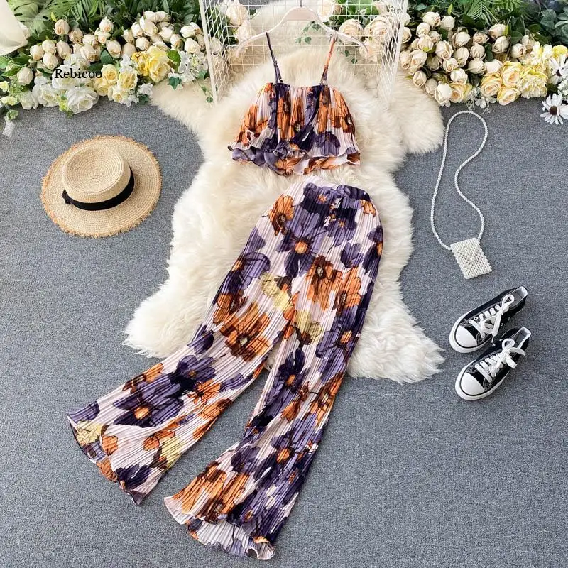 

2021 Women's Summer Sets Vacation Style Printed Short Camisole Pleated High-Waist Wide-Leg Pants Two-Piece New Casual Sets Ll956