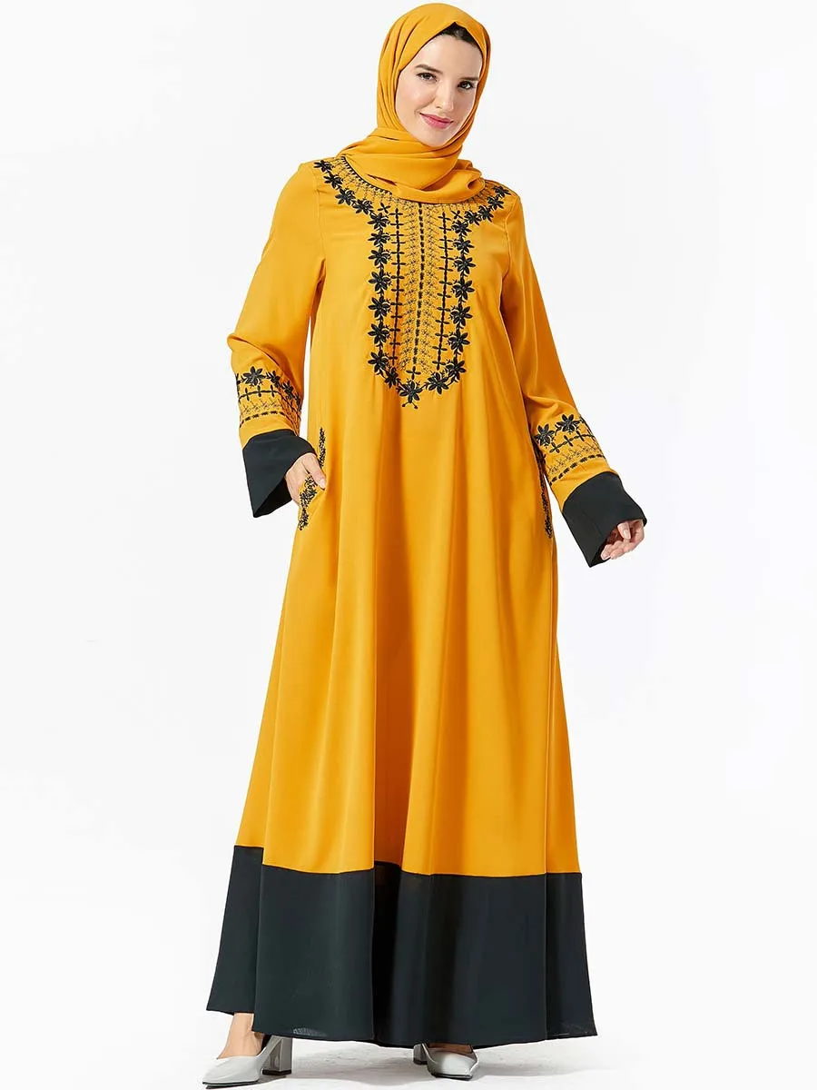Дубай желтый вышивка с длинным рукавом арабское платье исламское абайя мусульманское женское свободное кафтан джилбаб халат турецкий Катарское платье Мода