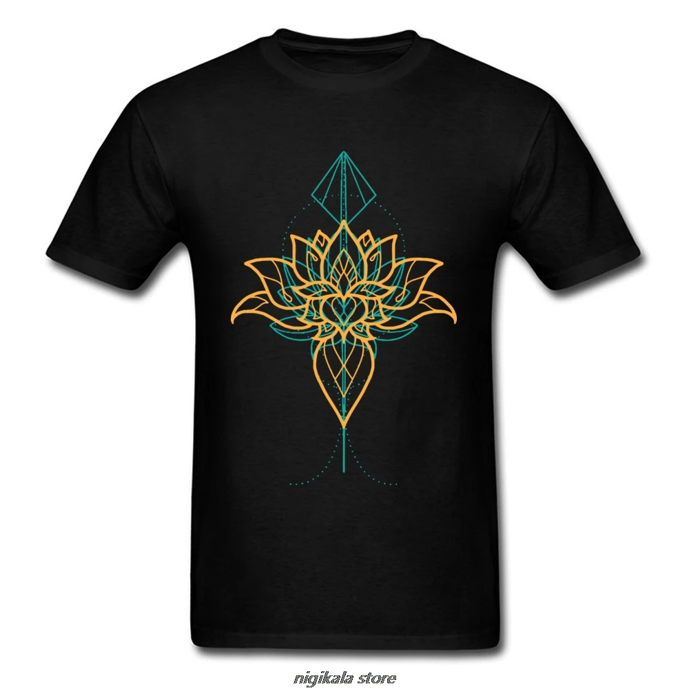 

Inner Peace T Shirts Hinduism Tops Men T-shirt Buddhism Lotus Tshirt Printed Black Clothes Geometric Tops Tees Cotton Fabric