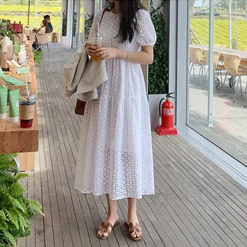 

Embroidery Summer Dress Women Sexy Office O-Neck Hollow Out High Waist Long Dress Korean Party Dress Elegant High Waist A992