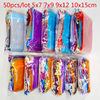 

50Pcs Organza Bag Jewelry Packaging Gift Candy Wedding Party Goodie Packing Favors Pouches Drawable Bags Present Sweets Pouches