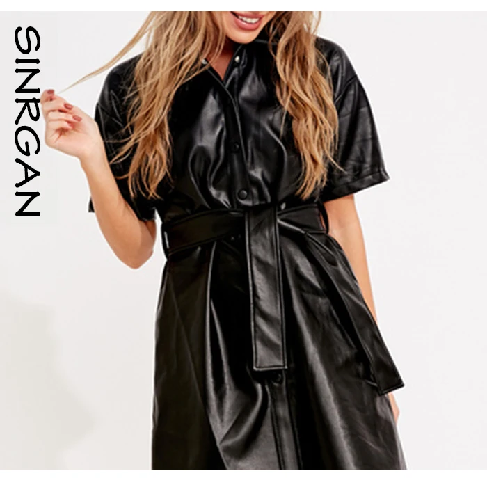 SINRGAN Черная Женская рубашка из искусственной кожи, платье размера плюс с коротким рукавом на лето и весну, одежда, короткое платье, куртка, сарафан, vestido