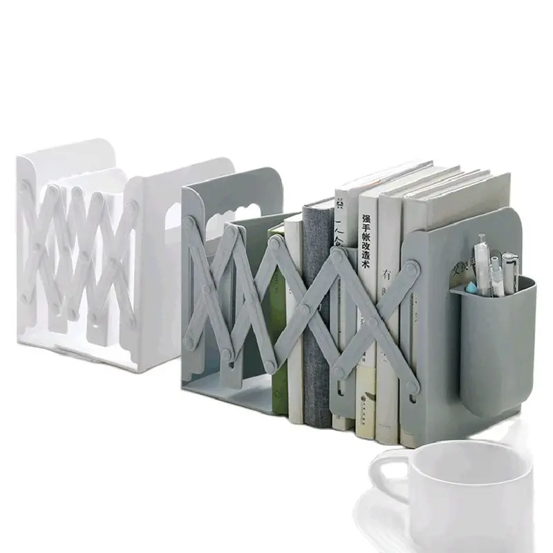 

Adjustable Bookend Book Holder Retractable Book Stand Multi Compartments with Pen Holder Desktop Stationery Organize Home Office