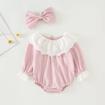 

New Baby Girls Bodysuit Long Sleeves Autumn BABY Lace Splicing Pink Ruffle Princess Romper+hair Band 2 PCS Sets Newborn Clothes